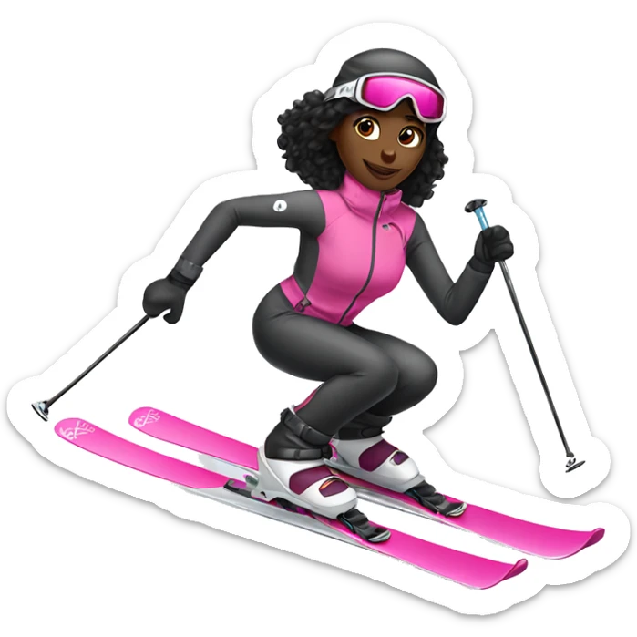African Skier girl with long black hair and pink gear show skis and legs  sticker