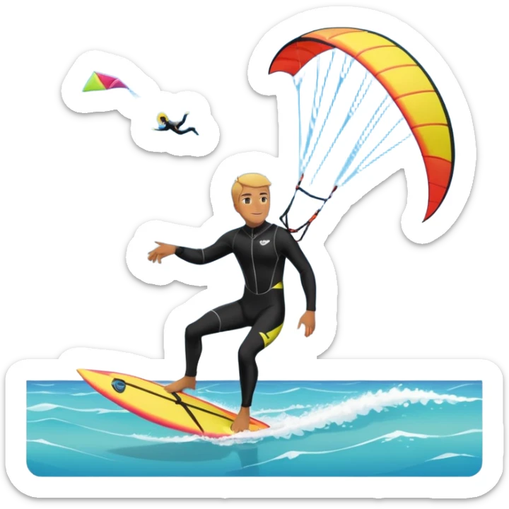 Kiter man con neopreno negro largo en el mar con una cometa kite surf de 18 metros,haciendo kite surf y el truco downloop sticker
