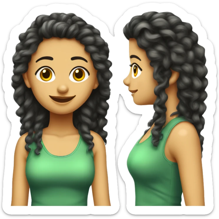 Chica morena pelo rizado largo y flequillo con ropa verde delante ordenador sticker
