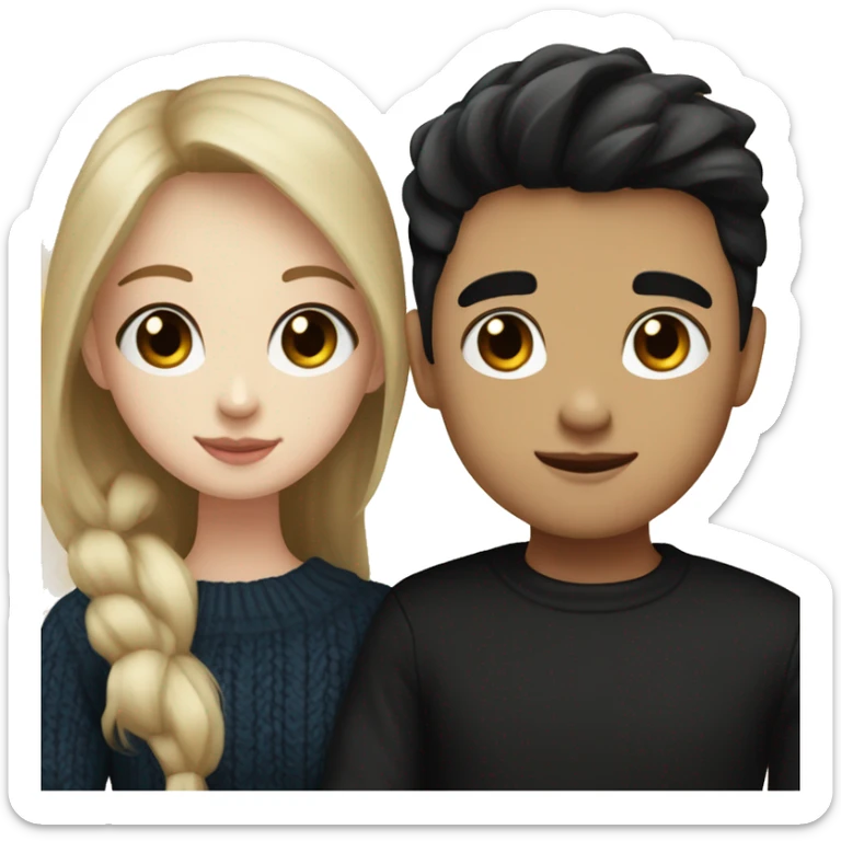 dark Blonde girl with blue eyes in black sweater and an east asian with light skin man with black hair and black eyes hugging sticker