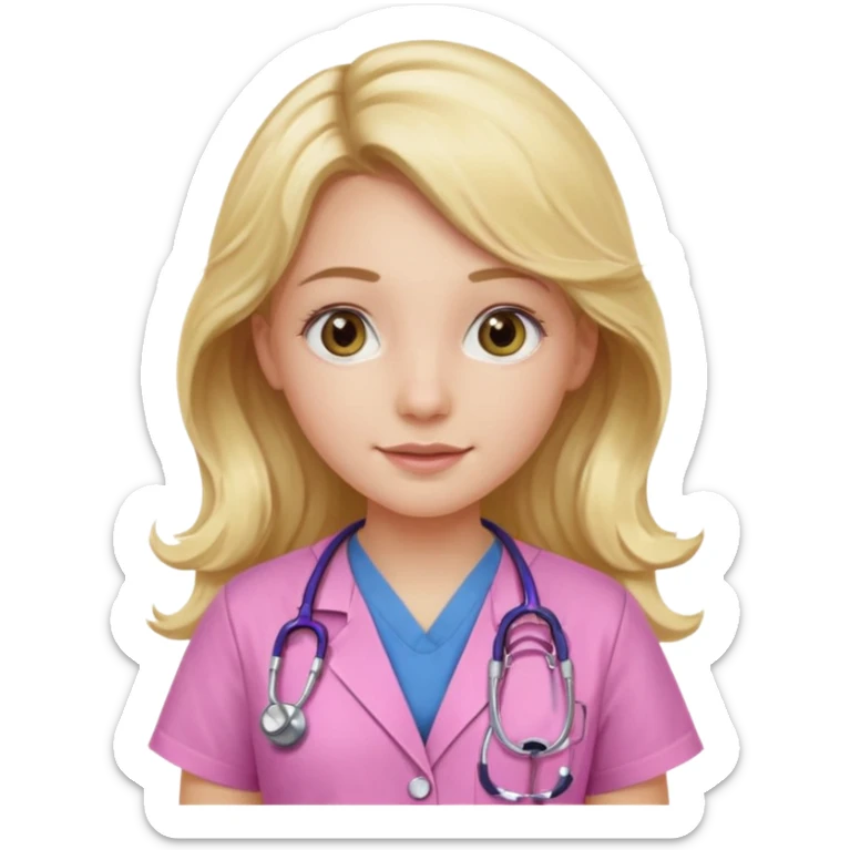 pale blonde girl with long wavy hair and hazel eyes wearing pink scrubs and stethoscope  sticker