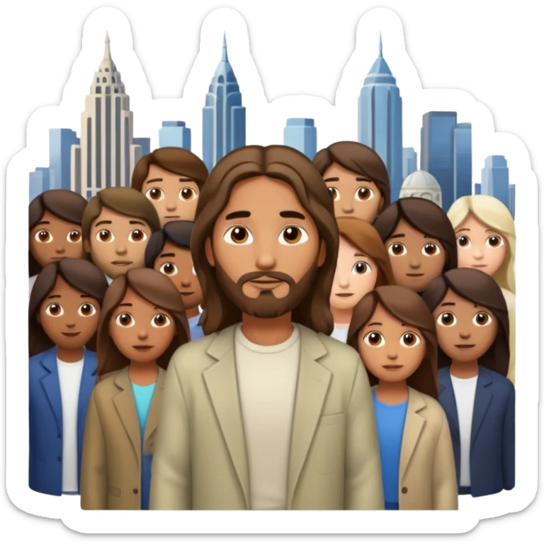 Jesus standing in a modern cityscape with a diverse group of people of different ages, ethnicities, and abilities sticker