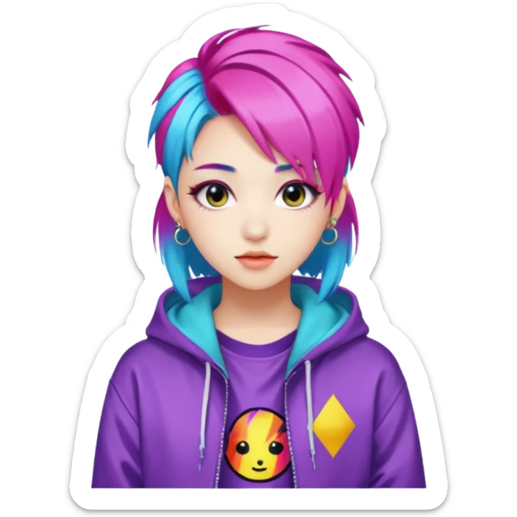 portrait of young woman idol in Kpop style, wearing flashy streetwear outfit, colorful dyed hair sticker