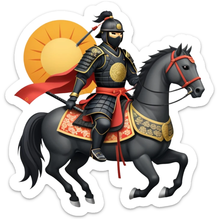 clash-of-clans-aesthetic_-cinematic-fearsome-and-majestic-samurai-bust-portrait-emoji, rendered in a flat, vector-style with minimal shading and bold, simplified shapes typical of emoji art, depicting a battle-hardened samurai with black mask and traditional black Japanese armor. The samurai is riding a noble grey warhorse adorned with an intricately designed saddle and fluttering banners and a rising sun. a zoomed insamurai riding on a  horse sticker