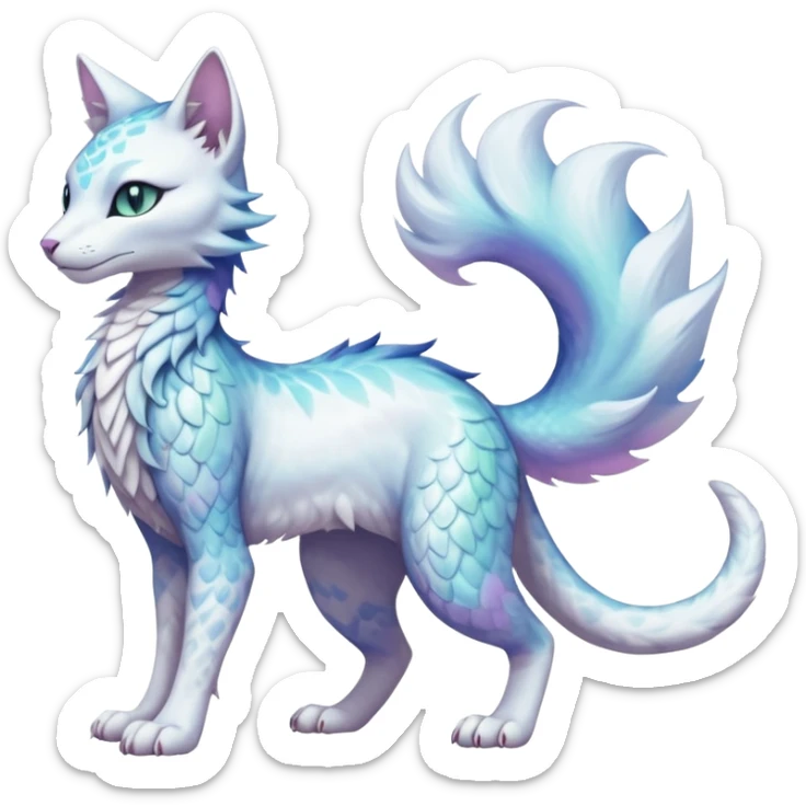Kawaii white pastel iridescent beautiful pretty elegant divine edgy fantasy feline-vernid-sergal-Haku-fursona-animal-creature with a tufted tail full body with intricate markings  sticker