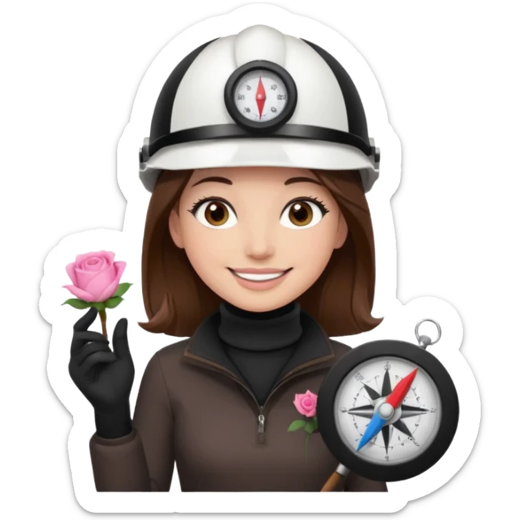 Arquitecta ojos marrones oscuros pestañas pelo marron por los hombros sonrie casco blanco jersey de cuello alto negro compás pars dibujar circulos y rosa sticker