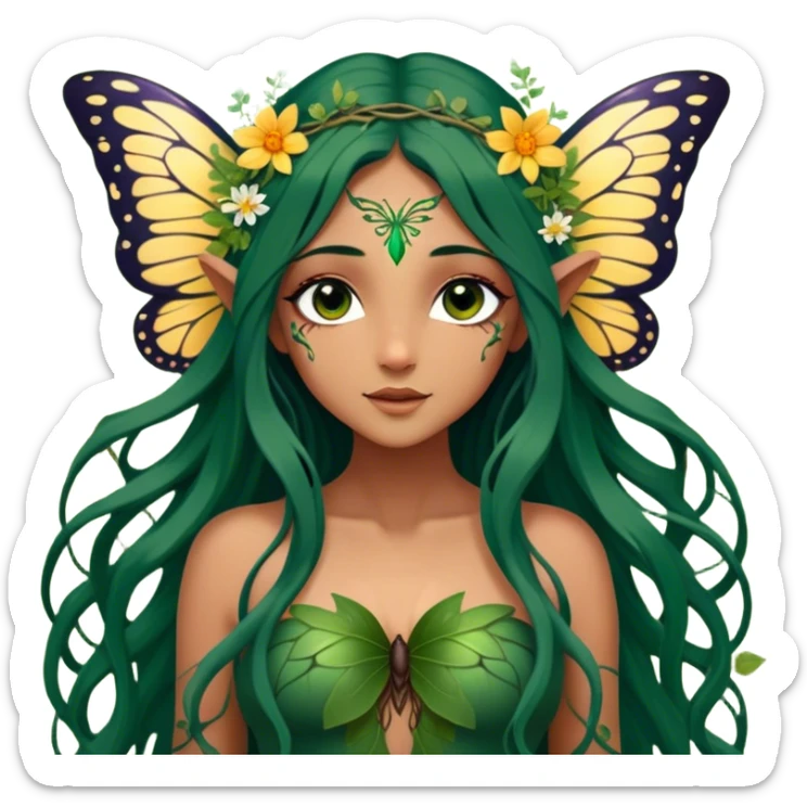 Cinematic Realistic Forest Nymph Fairy Portrait, depicted with lifelike, sun-kissed tanned skin that radiates an earthy glow, softly illuminated by natural, dappled light. Her long, flowing dark green hair is intricately detailed and interwoven with delicate vines and wildflowers, while her deep, soulful eyes mirror the wisdom of the forest. Dressed in an attire inspired by nature’s palette—with subtle botanical motifs—the portrait exudes a soft, enchanted glow that melds realism with woodland magic showing her large butterfly wings. sticker