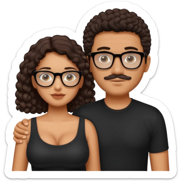 A picture of a tanned couple. the man is a Mexican man with tanned skin, with a bald hair cut, short beard and wearing a black shirt. the woman is wearing rectangle shaped glasses, with long curly dark brown hair and with big boobs  sticker