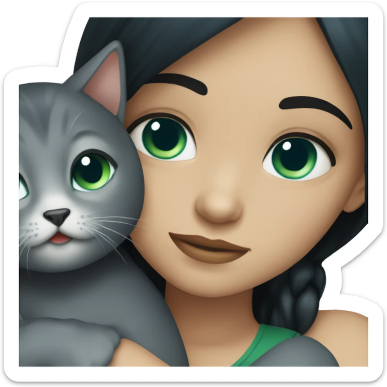 Girl with black hair and blue green eyes hugging her Cat that is dark grey with green blue eyes  sticker