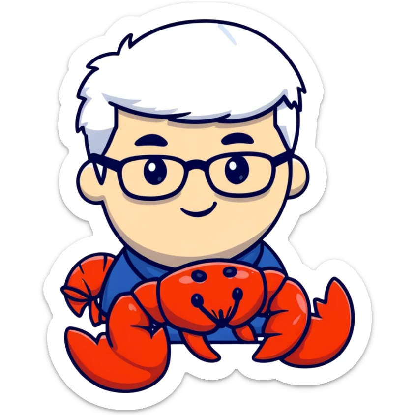 senior lobster with white hair and glasses, elderly lobster character with white eyebrows and whiskers, wearing round glasses sticker