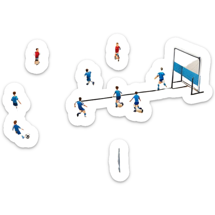 A mini-football match in an indoor sports hall with wooden flooring and clear field markings. The scene shows a vibrant game in action, with players positioned on the court, the goalposts visible, and the atmosphere filled with energy and focus. sticker