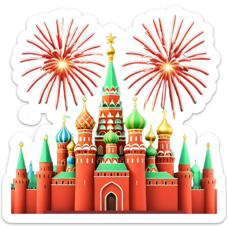 Apple style 3D emoji of New Year fireworks over Moscow. Vibrant multi-colored sparkling bursts (red, gold, green) in the sky. Below, a simplified glossy 3D silhouette of the Kremlin towers with glowing red stars. 
в более пастельных оттенках sticker