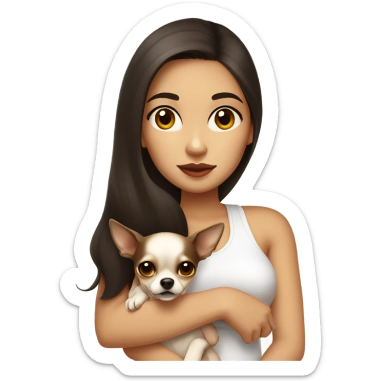 A girl with long, dark brown hair, big dark brown eyes, and very big lips. She is wearing a white singlet top and holding a small chihuahua in her arms that is a 100% light yellow colour  sticker