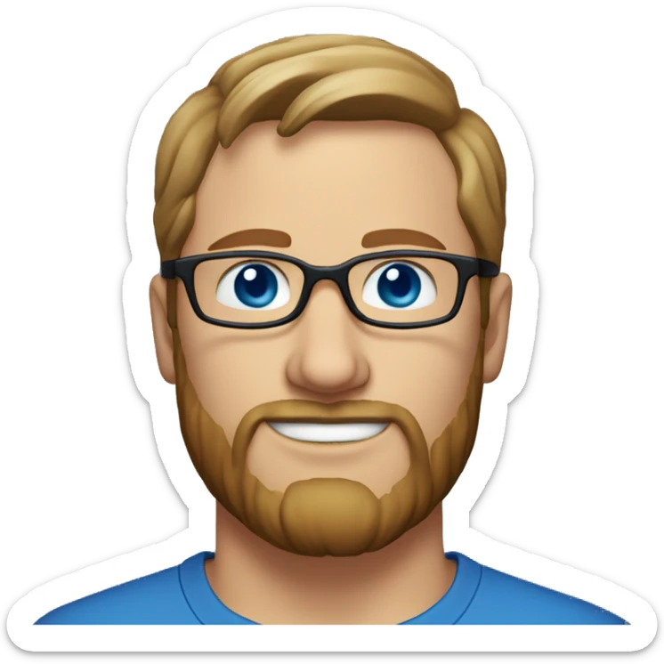 A head and shoulders shot of a 35 year old White man, with short brown hair, with beard facial hair,  wearing glasses with blue eyes wearing a t-shirt. sticker