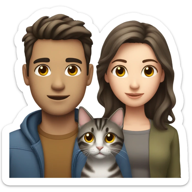 a brunette guy with fair skin, next to him a brunette girl with fair skin and between them a gray tabby cat sticker
