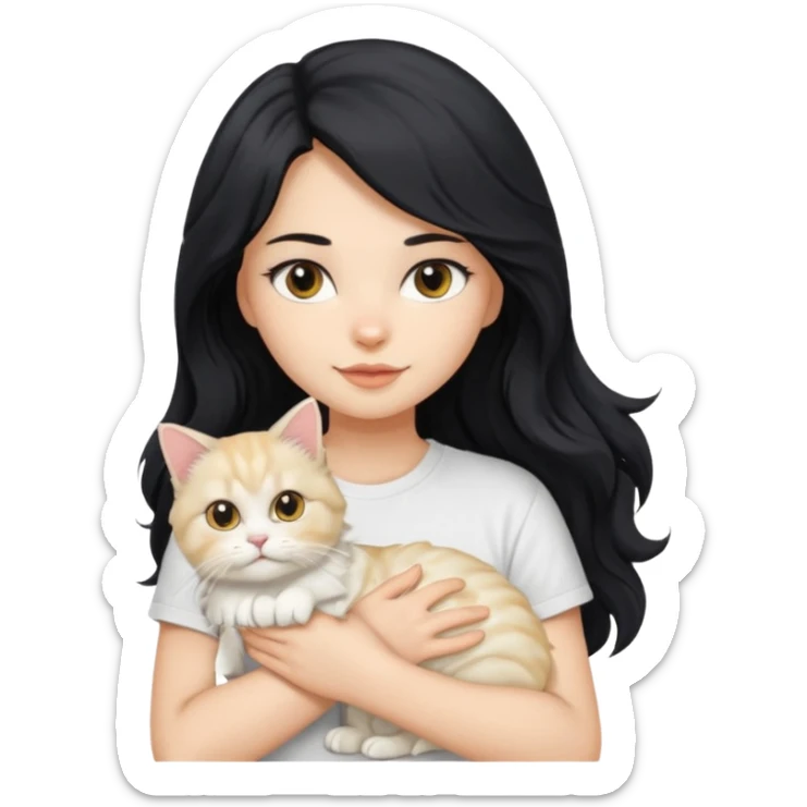 a girl with long wavy black hair using a white t-shirt holding a blonde persian cat sticker