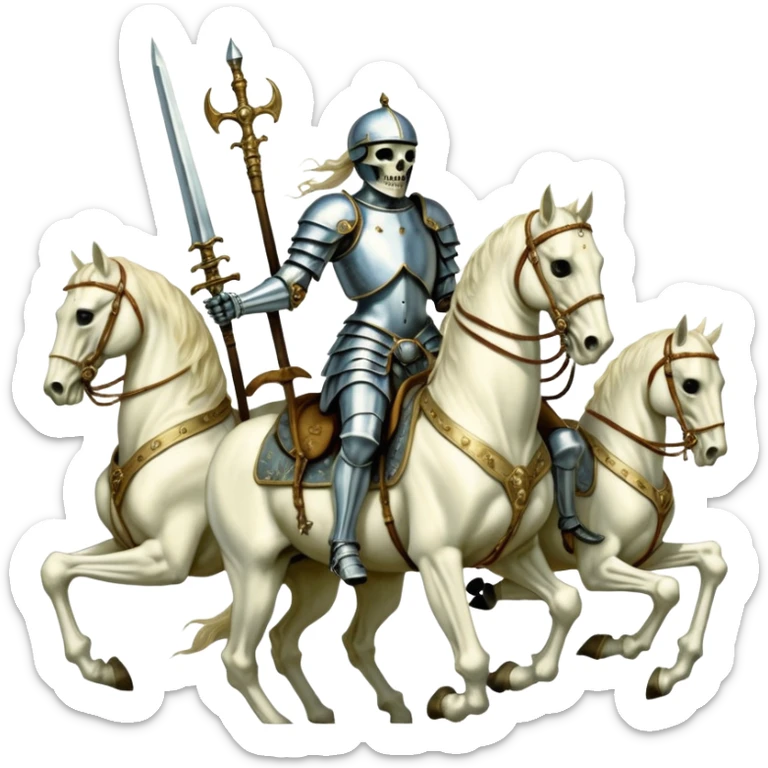 aesthetic shiny glowing divine lighting, oil paint - ivory The Four Horsemen of the Apocalypse, based on a graphic by Albrecht Dürer sticker