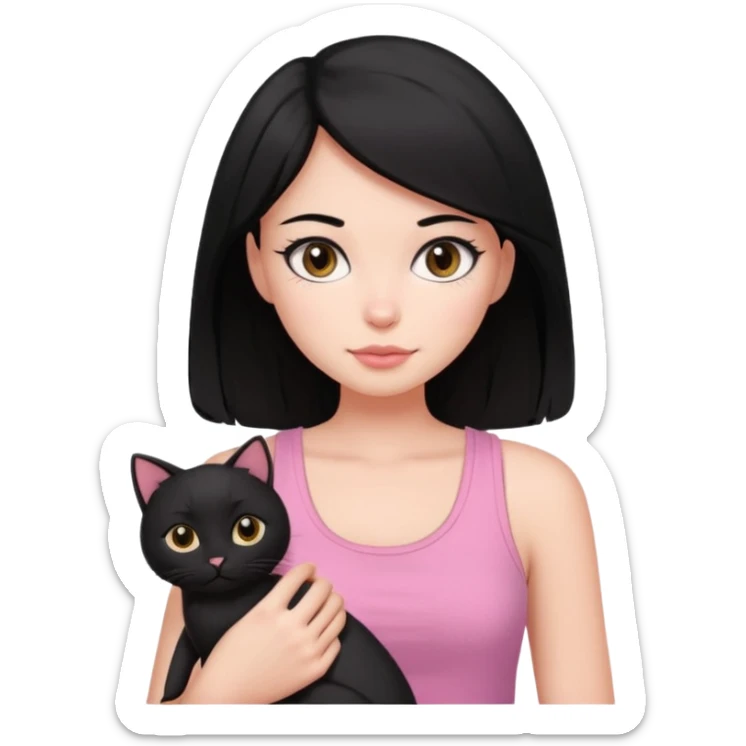pretty woman with black hair and brown eyes, wearing a pink tank top, holding a black cat, simple and cute sticker