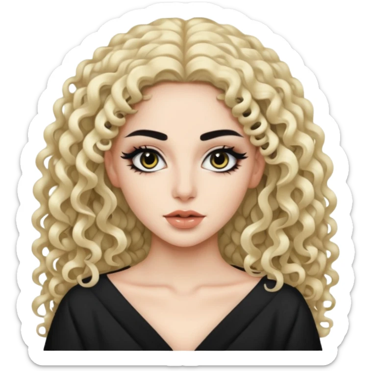 Pale Saudi beauty, pretty baddie, black eyeliner, curly long hair sticker