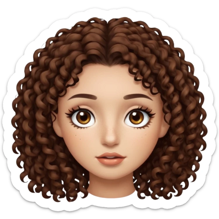 dark brown curly hair with dark brown eyes and too long lashes and some make up with freckle and light brown skin sticker
