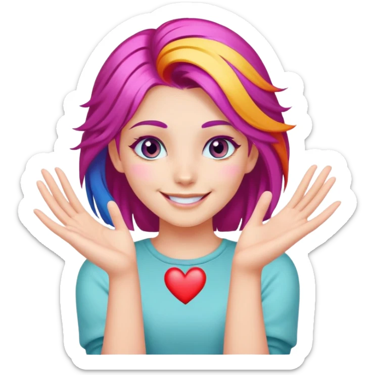 chica de cabello colorido y ojos coloridos sonriendo mientras crea un corazón con sus manos sticker