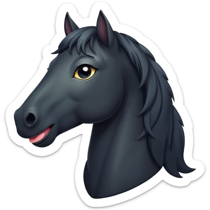 Cinematic Cute Yawning Black Horse Portrait Emoji, Head tilted slightly with a dramatic, wide-open yawn, revealing a soft, sleek black fur with a subtle shimmer, floppy ears slightly drooping, round dark eyes barely open in drowsy contentment, Simplified yet irresistibly adorable features, highly detailed, glowing with a soft, cozy glow, high shine, relaxed yet expressive, stylized with a touch of whimsy, bright and endearing, soft glowing outline, capturing the essence of a sleepy yet affectionate horse, so drowsy it feels like it could stretch out of the screen and curl up for a nap! sticker