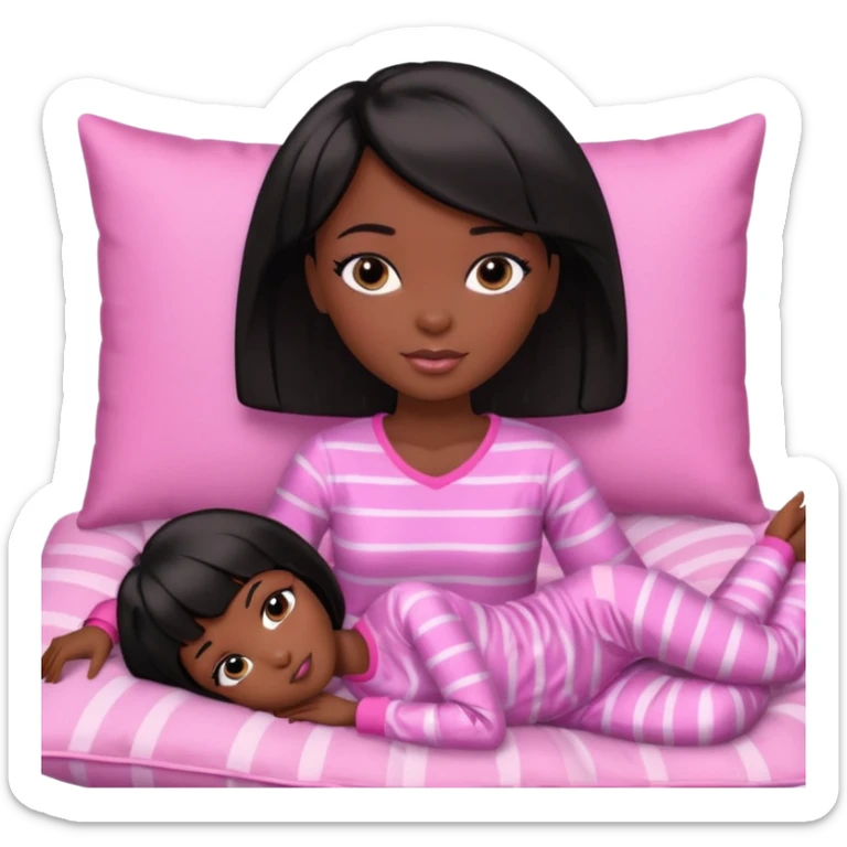 Dark skin Black barbie, short  black bob  hair, pink pajamas laying on pillow just me  sticker