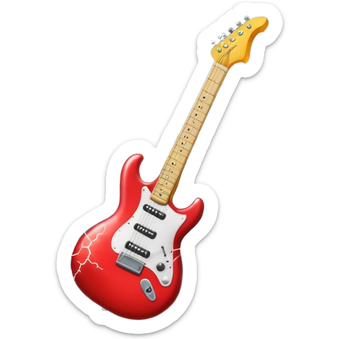 A 3D Apple-style emoji of a bold “ROCK” text written in shiny metallic letters, with an electric guitar leaning on the text, surrounded by small music notes and lightning bolts, energetic and powerful rock music vibe sticker
