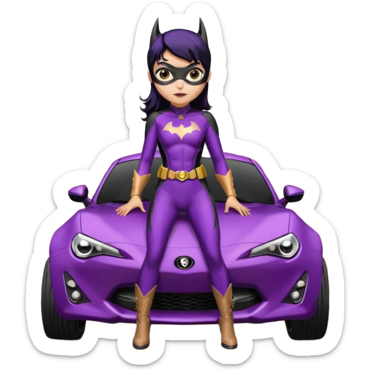 60’s Batgirl themed Satin black and rose gold Scion FR-S hot rod off road capable (tight fitting purple suit with black hair on her) sticker