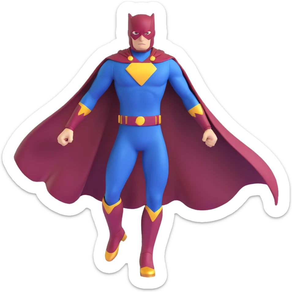 superhero in dark blue and maroon bodysuit with gold accents, digital cape, maroon boots, dynamic stance sticker