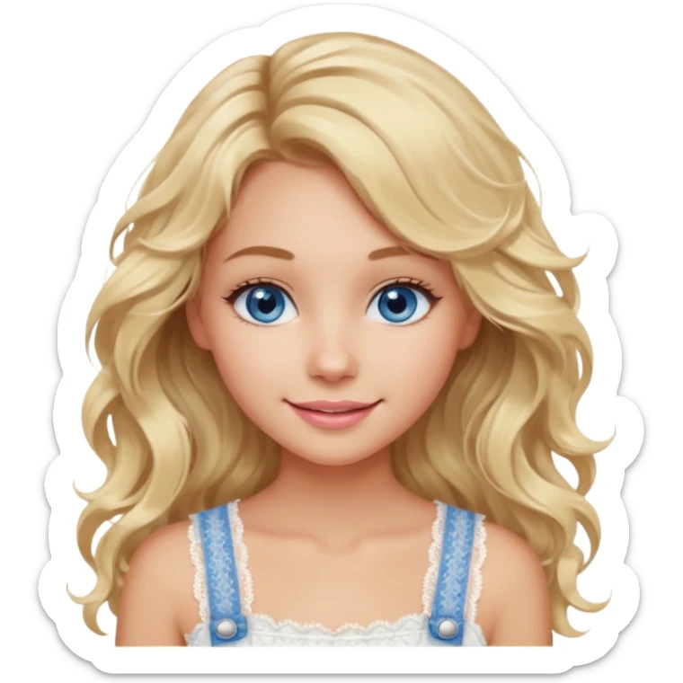 create an emoji of a young woman. She has a soft and gentle look, with long blonde messy but wavy hair, blue eyes, tanned skin, natural soft pink lips. she wears a very white lacy top with an overall sticker