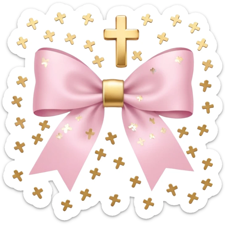 super pale pink bow confetti but the paper confetti are the pale pink bows all spread out with white tiny glitter and then with golden crosses on it and a white band in the mjddle sticker