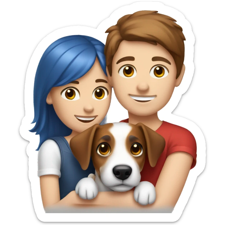 a girl with brown hair and blue eyes hugs a dog of the Jack Russell Terrier breed, white and red sticker