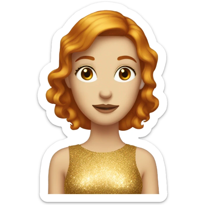 A red haired woman with hazel eyes wearing gold sparkly shiny dress sticker