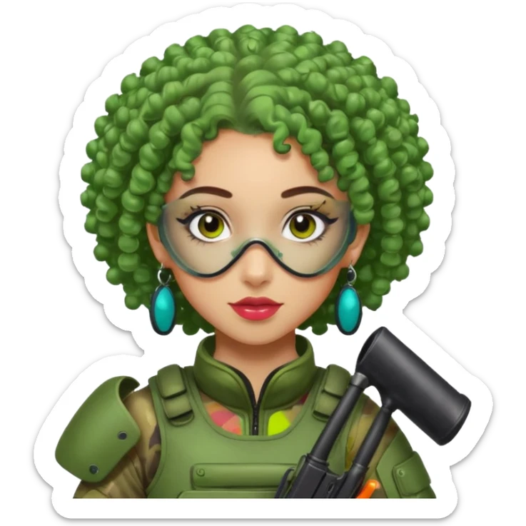 green curly haired painitball player with big earrings guy shot with colors sticker
