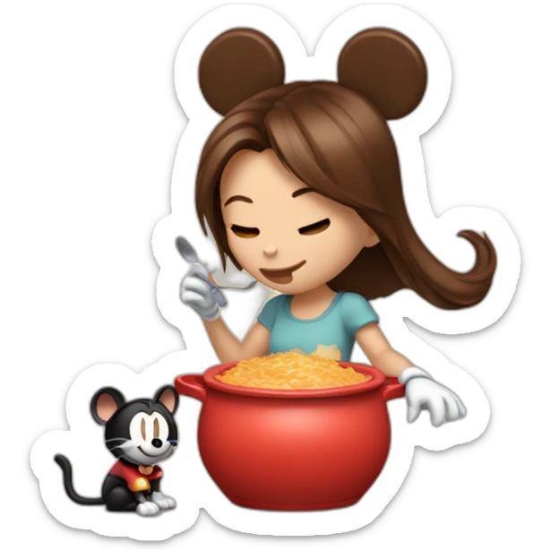 Woman medium brown half tail hair,eating A pot of spread,  with mickey mouse ears, near to a cat sticker