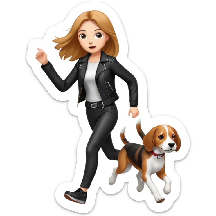 A beautiful tall girl with fair skin and long hair wearing a black leather jacket and black pants running with Beagle sticker