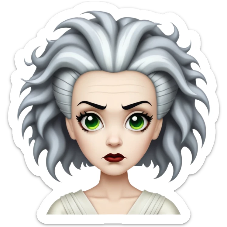 Bride of Frankenstein with tall black and white hair with lightning streaks sticker