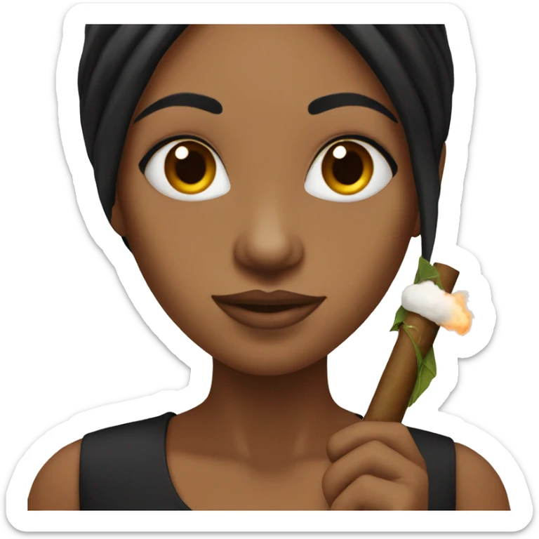 Brown skin woman with long black hair holding a joint sticker
