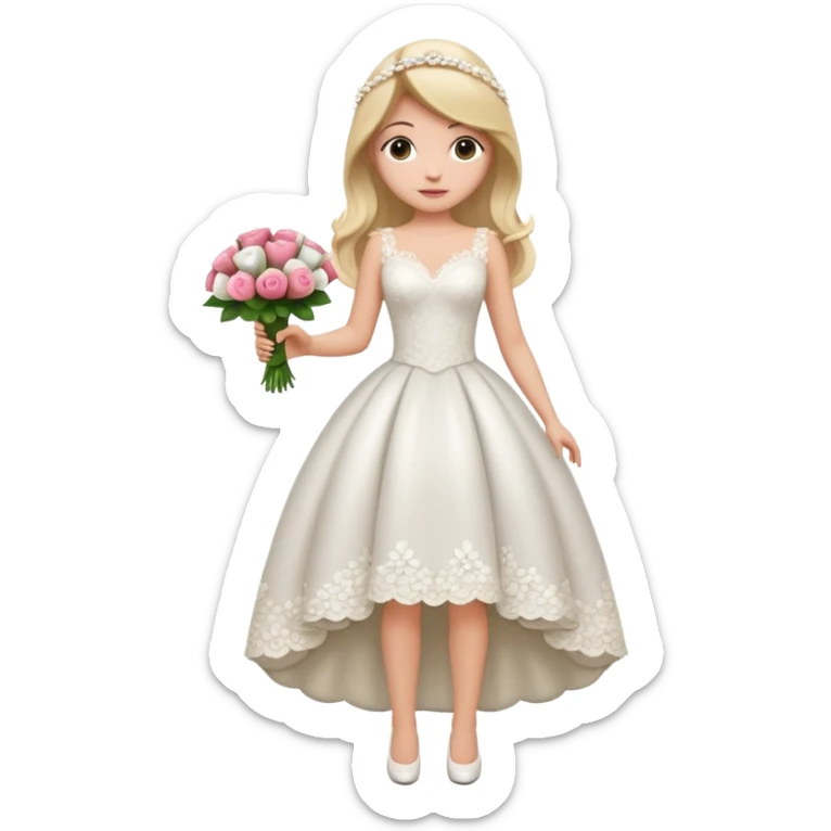 Chica blanca, cabello rubio, recogido en moño alto con mechones, vestido novia , cuerpo entero, ramo de flores en una mano, cola trasera sticker