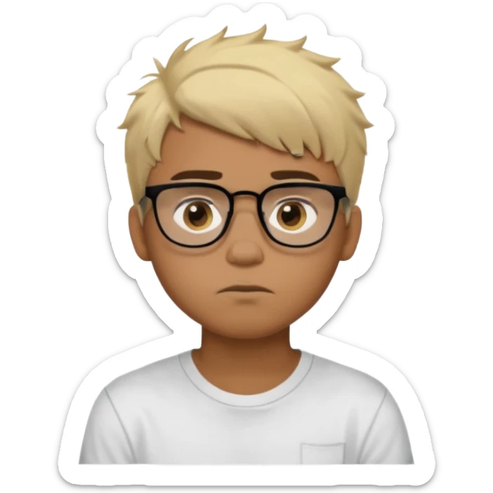 Teenager. Short buzz, messy blonde hair. Dark brown bushy eyebrows large expressive golden-brown eyes, brown skin color, scar over nose, wearing a plain white t-shirt. wearing clear thick black glasses. 20 year old male. thinking facial expression. brown skin color.  sticker
