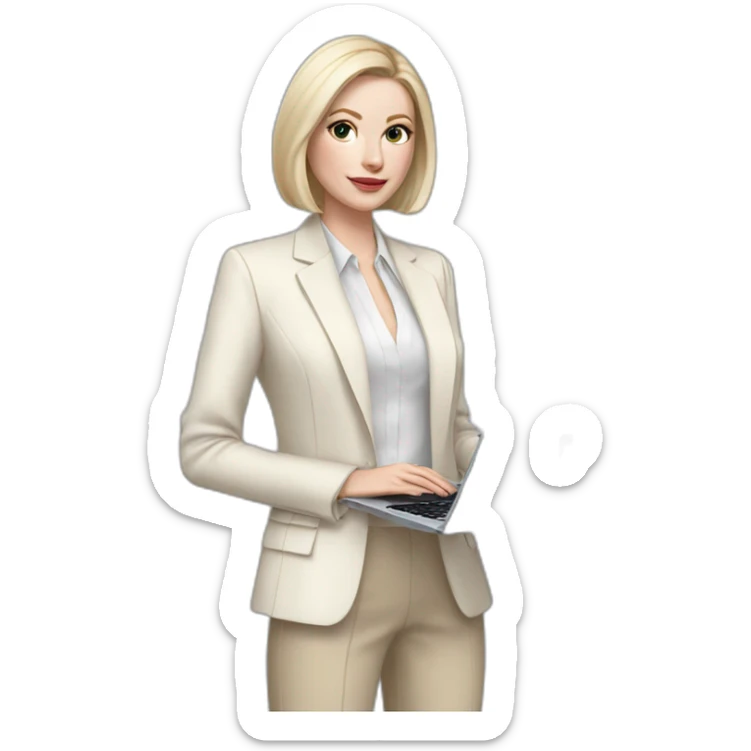 pale skin woman with ash blonde Straightened bob Hair, White Spacious classical jacket, beige palazzo Arrow pants and gray blouse holding a MacBook in the hands sticker