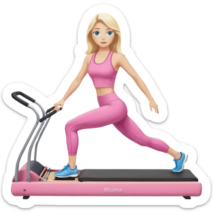  long blown out blonde hair woman blue eyes wearing pink workout set doing pilates reformer sticker