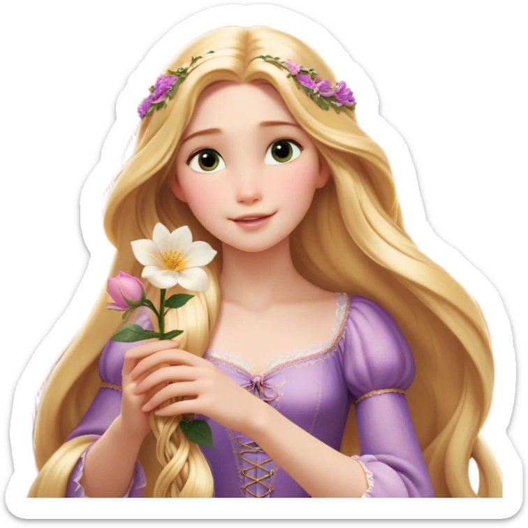Cinematic Realistic Rapunzel Portrait, with porcelain-like skin featuring a subtle, natural glow, illuminated by soft lighting that brings out the gentle contours of her face. Her long, golden blonde hair cascades in detailed waves, each strand highlighted with a radiant shimmer as it catches the light. She playfully holds a flower in one hand, her other hand resting casually in her lap, with a warm and spirited expression. Her bright, expressive green eyes exude curiosity and warmth, framed by delicate lashes and soft, arched brows. She is dressed in her classic lavender and pink gown, the fabric textured with delicate folds that flow naturally, catching the light with a soft, radiant glow. The portrait captures a luminous, enchanting aura, seamlessly blending realism with a whimsical, fairytale charm, evoking a timeless sense of beauty and magic. sticker