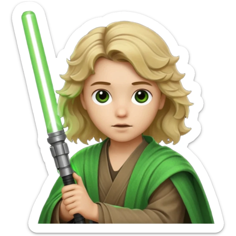Young jedi with dirty blonde wavy hair holding a green lightsaber sticker