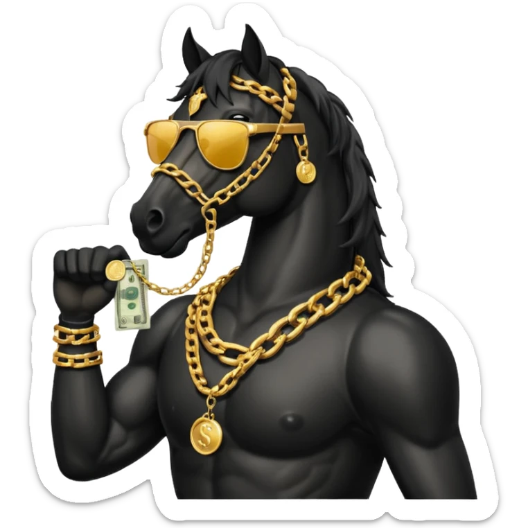Black Horse looks gangster with Golden chains, sunglasses and Holds money sticker