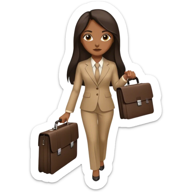 dark brown woman with dark brown long length straight hair in an executive tan suit carrying one briefcase sticker