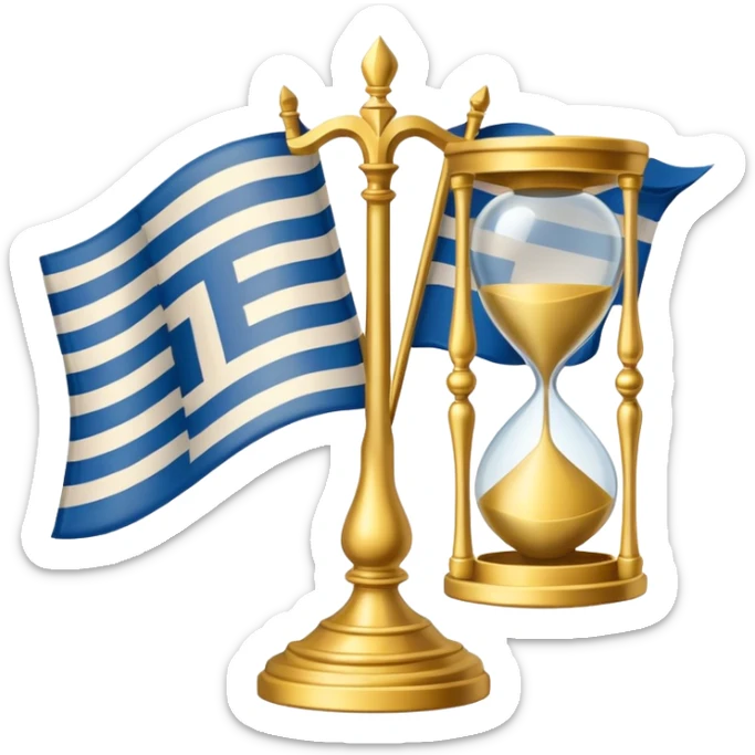 flag with an hourglass and Greek god motifs, representing Chronos and Olympus, in a classic emoji style sticker