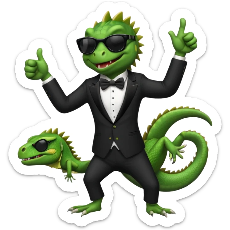 capitalist iguana banker in tuxedo and black sunglasses dancing crazy thumb up sticker