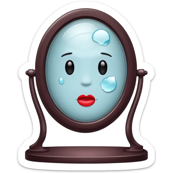 Minimalist emoji-style sticker of a vanity mirror with dim bulbs and cracked glass, words “Am I real yet?” smeared in dusty lipstick tone


 sticker